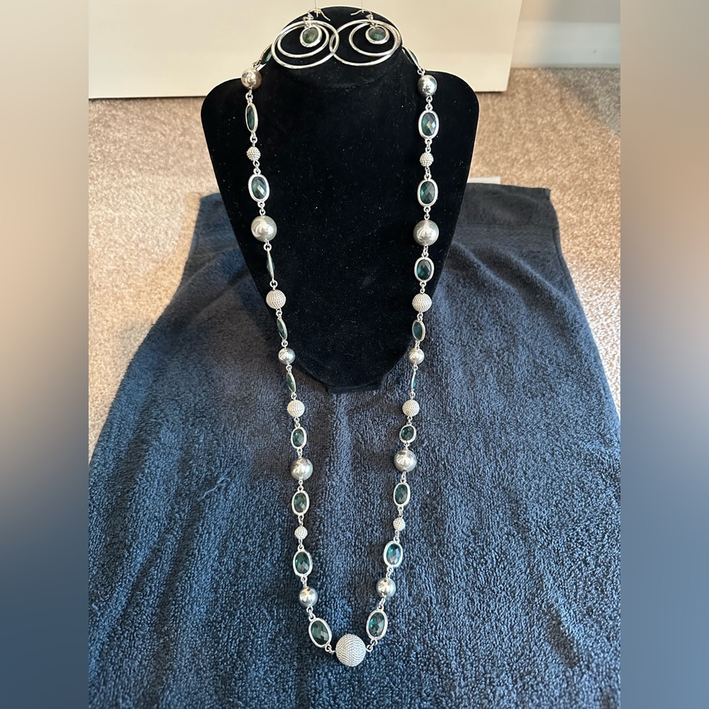 Liz Claiborne Long Silver and Light Blue Necklace and Earrings Set (36-38 In)